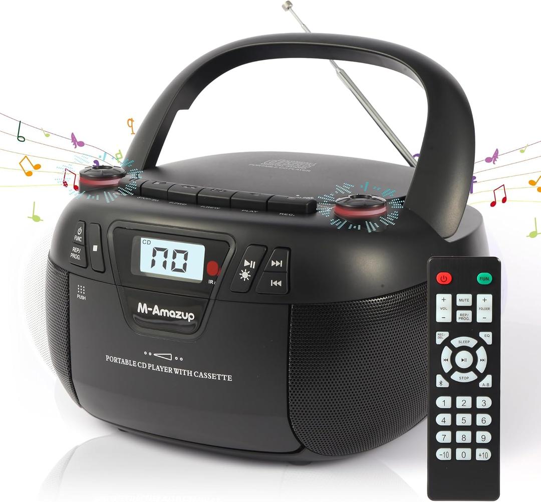 M-Amazup Boombox CD Player Portable Cassette Player with CD MP3 Bluetooth AUX TF/USB AM/FM Radio AC/DC Powered with Remote Control, Headphone Jack, Stereo Sound for Home,Kids,Gift(Black)
