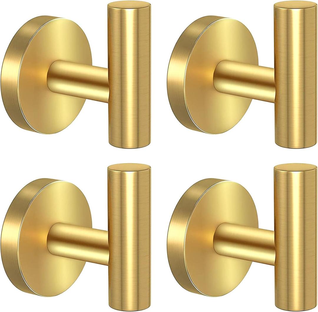 stusgo Gold Towel Hook Bathroom Coat Hook Robe Hooks for Wall, Stainless Steel Heavy Duty Door Hanger Wall Hooks Matte Gold Bathroom Hook for Towels, 4 Pack (Drilling tshape 4pc)