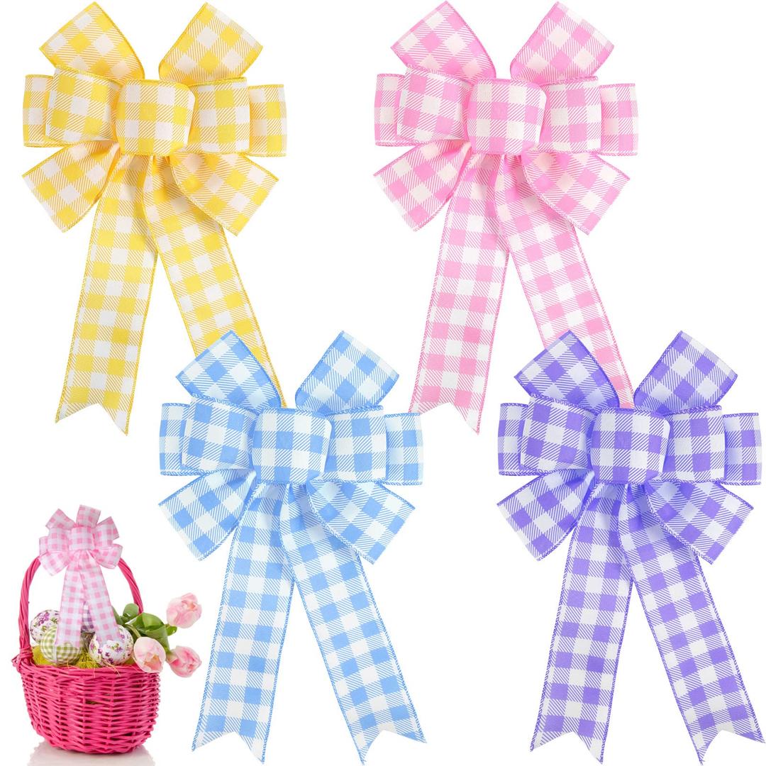 4 Pcs Easter Spring Wreath Bow Decoration Large Colorful Burlap Wreath Ribbon Bows Ornaments for Easter Party Tree (Cute Colors)