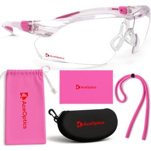 Safety Glasses  ANSI Z87 Certified, 5X Anti-Fog ClearShield Lenses with Premium Hard Case & Accessory Bundle (Pink & White / Clear)