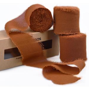 3 Rolls Rust Red Handmade Fringe Chiffon Ribbon 1.5" x 7Yd Yard Silk-Like Colorful Rustic Ribbon for Bouquets Wrapping Decor Wedding Tie Invitations Crafts