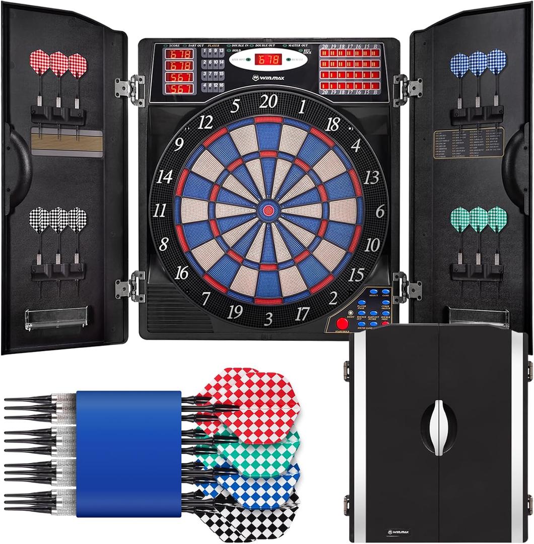 WIN.MAX Electronic Dart Board, Soft Tip Dartboard Cabinet Set for Adults, LED Scoring Dartboard with 38 Games & 211 Variants, Up to 16 Players, 12 Darts+40 Tips, Wall Mount for Bar Game Room Man Cave