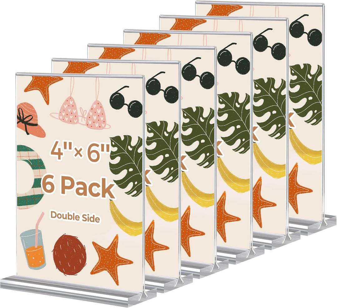 6 Pack Acrylic Sign Holder 4 x 6, Double-Sided Clear Sign Holder Plastic Stands for Display, T Shape Acrylic Table Sign Stands for Office Store Restaurants Wedding Party Decoration