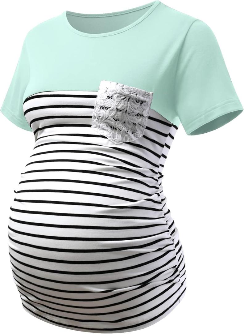DEBELLY Maternity Shirt Long & Short Sleeve Tunic Color Block Crew Neck Striped Pregnancy Casual Tops with Crochet Pocket (S)