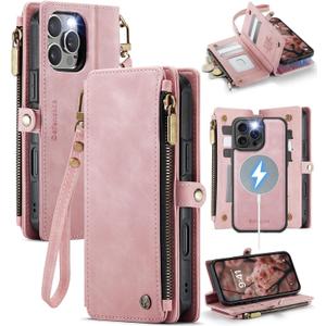 Defencase for iPhone 16 Pro Magnetic Wallet Case Compatible with Magsafe with RFID Blocking Zipper Strap Card Holder for Women Men PU Leather Detachable Case for iPhone 16 Pro (6.3 inches), Rose Pink