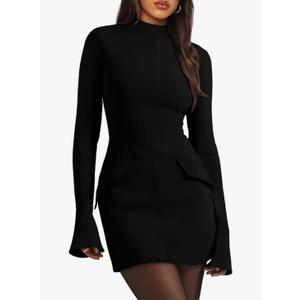 OFEEFAN Women's Fall Long Sleeve Mock Neck Dress Basic Party Club Bodycon Mini Dresses Size S