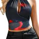 2026 Women's Summer Halter Top V Neck Print Sleeveless Tie Back Mesh Backless Crop Camisoles Tops (Black, S)