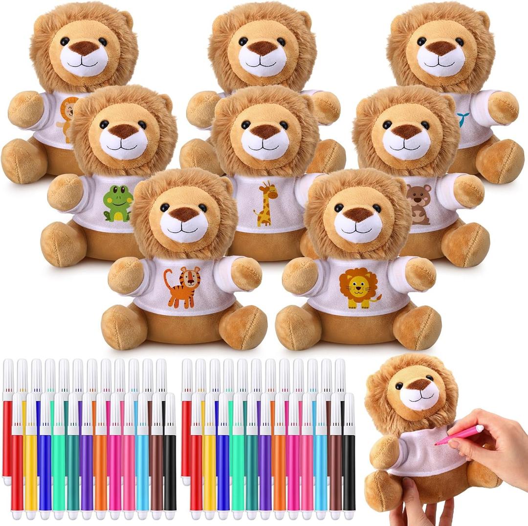64 Pcs Make Your Own Stuffed Animal Lion Kit Including 6 Inches Soft Lion Plush with White T Shirt and 12 Colors Pens for Birthday Favors Forest Party Crafting Gifts