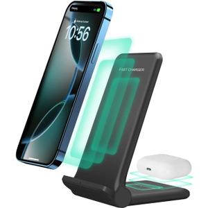 2 in 1 Wireless Charger, Foldable 20W Fast Wireless Charging Stand Compatible with iPhone 17/16/16 Pro/15/14/X/AirPods, Dual Phone Induction Charge Station for Samsung, Pixel, Xperia, LG(No Plug) (Black)