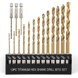 COMOWARE Titanium Twist Drill Bit Set - 16 Pcs Hex Shank High Speed Steel for Wood Plastic Aluminum Alloy, Quick Change, 1/16"-1/4" (Gold)