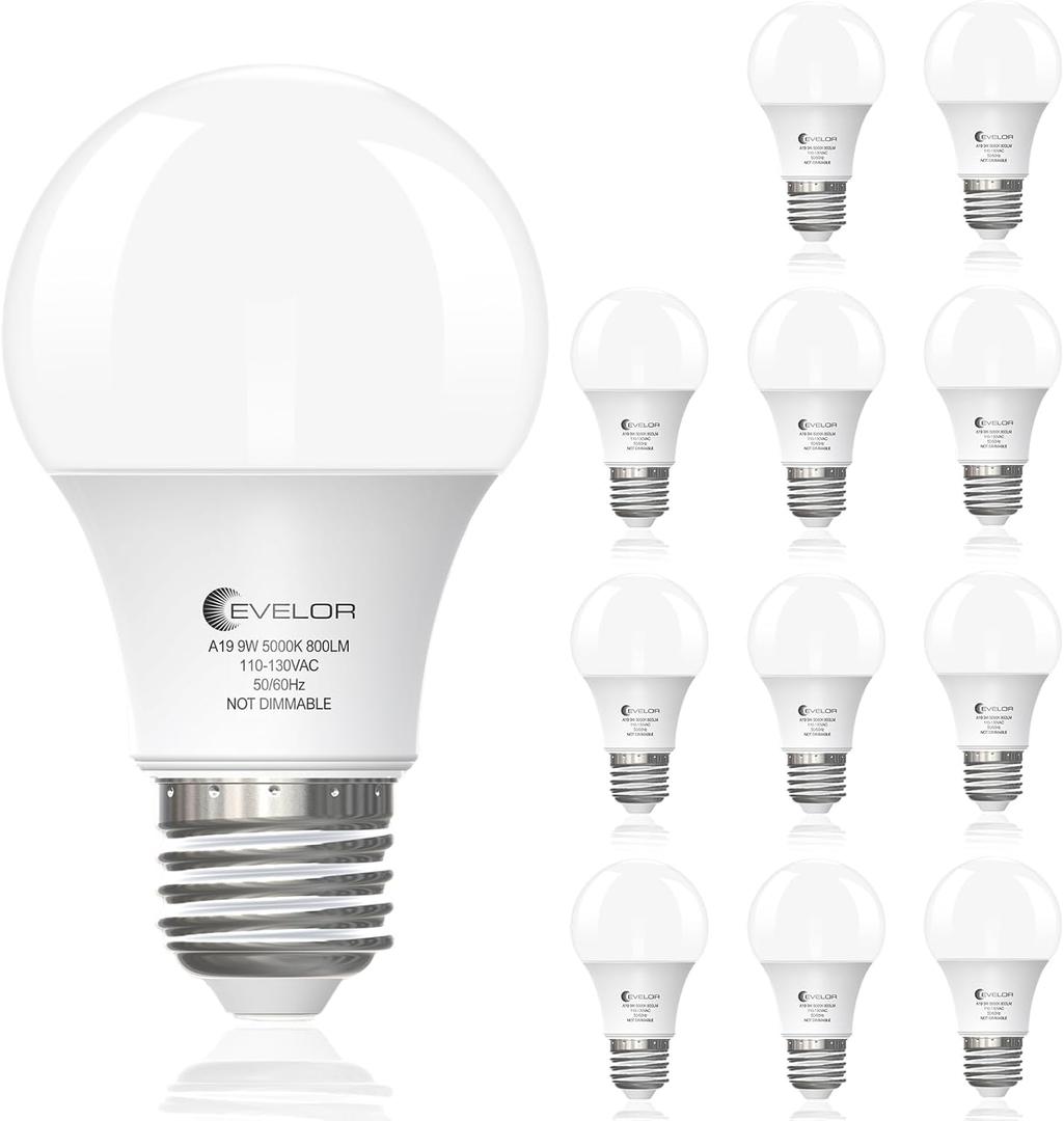 evelor A19 LED Light Bulbs,60 Watt Equivalent Daylight 5000K with E26 Base,Efficient 9W,800 Lumens Non-Dimmable LED Bulbs,15000 Hours, Ideal for Bedroom Living Room, 12-Packs