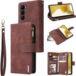 LBYZCASE Case for Galaxy S23 Plus 5G with Card Slots[RFID Blocking],Durable Flip Folio Kickstand Magnetic Closure Leather Zipper Wallet Wrist Strap Women Men Case for Samsung Galaxy S23+ (Coffee)