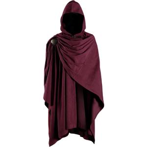 HiiFeuer Medieval Corduroy Hooded Cloak with Adjustable Brooch, Fantasy Poncho Renaissance Costume Cape Ren Faire Cosplay (Red)
