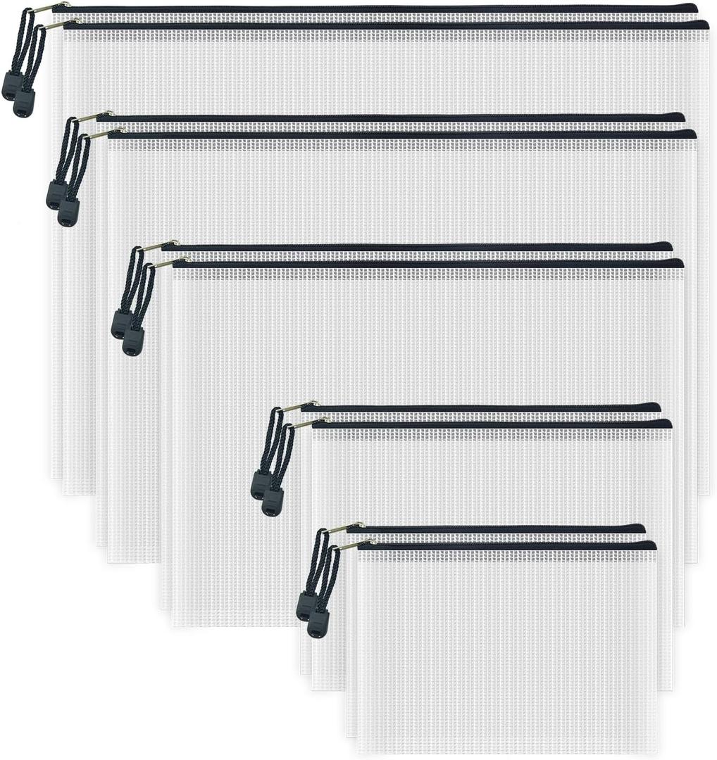 10 Pcs Zipper File Bags, Waterproof Plastic Mesh Pouch for Office School, Board Game Storage Bags (Multi-Size, White and Black)