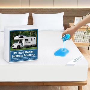 RV Short Queen Terry Mattress Protector Waterproof for 75''60'' up to14'' Depth, Ultra Soft & Breathable Smooth Top Fitted Mattress Cover Skin-Friendly Machine Washable Mattress Protector