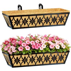 24 Inch Window Boxes Planters Railing Planter Box - 2 Pack Deck Railing Planter Boxes with Adjustable Brackets Coco Liners Balcony Planters Railing Hanging for Window Flower Boxes Outdoor Garden Decor