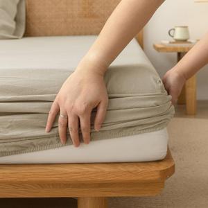 BESTOUCH Fitted Sheet Only 100% Washed Cotton Linen Feel Easily Fits Deep Pockets up to 17 inch Solid Almond Milk Grey Queen (Queen (60" x 80" + 17"))