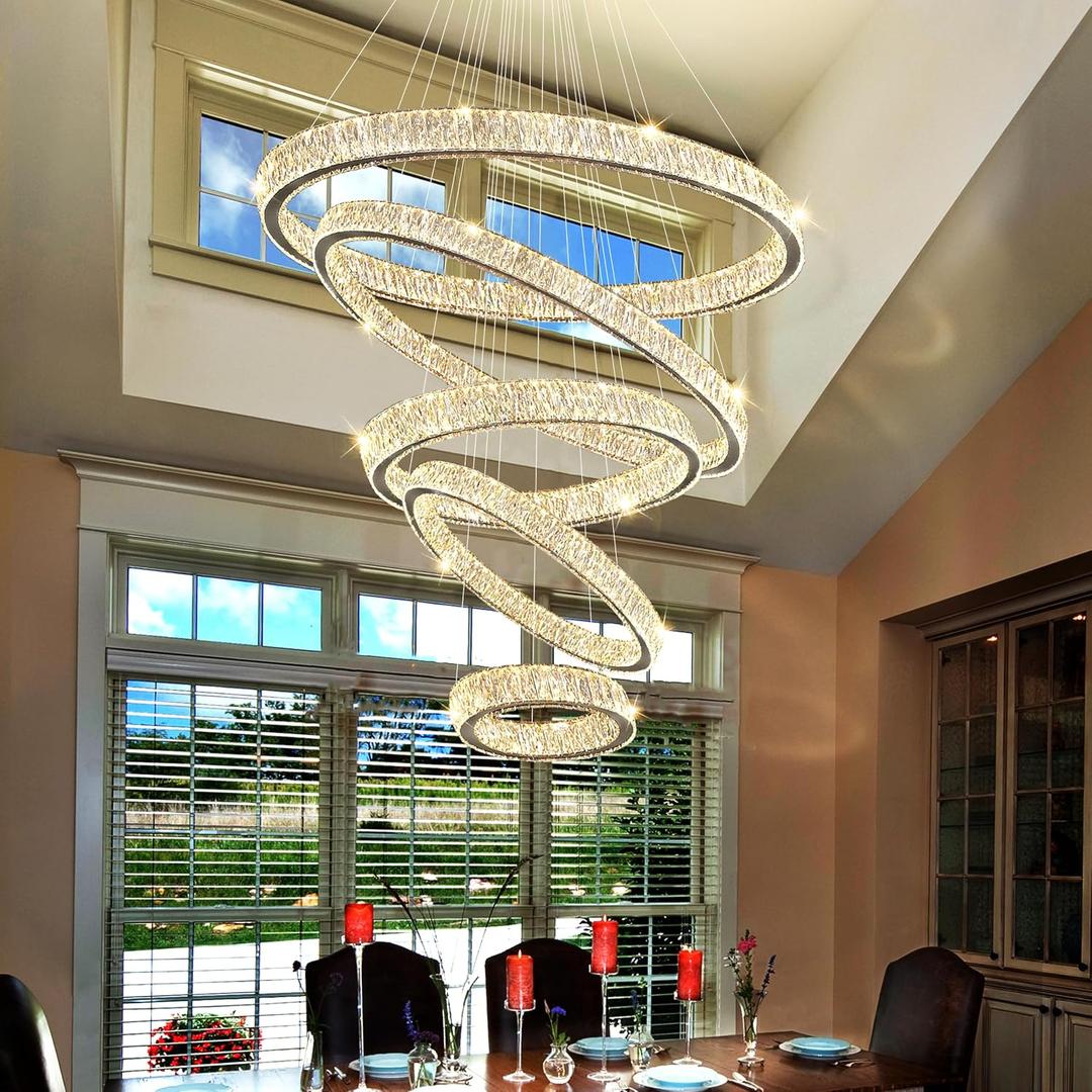 Extra Large 5 Ring Chandelier High Ceiling Chandeliers for Foyer,Modern Dimmable Crystal Ring Chandelier for Staircase Villa D8''+15.7"+23.6"+31.5"+39.4", Big