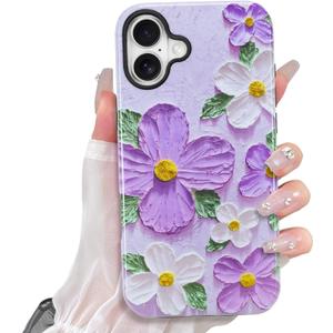 KANGHAR Cute Case for iPhone 16 Case for Women Girls [Compatible with MagSafe] Purple & White Oil Painting Floral Print Pattern Design, Aesthetic Girly Flowers Magnetic Protective Phone Cover