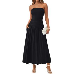 Trendy Queen Women Maxi Strapless Summer Tube Top Dress 2026 Ruched A Line Wedding Guest Long Sundress Spring Beach Outfit Black M