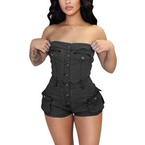 Womens Tube Denim Romper Sexy Bodycon Strapless Backless Cargo Shorts Summer Stretch Jean Jumpsuit Clubwear (Small, 1-black)