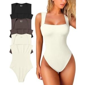 OQQ Women's 3 Piece Bodysuits Sexy Ribbed Strappy Square Neck Sleeveless Tummy Control Tank Tops Bodysuits, Medium,  Black,tea Leaf,beige OQQ Women's 3 Piece Bodysuits Sexy Ribbed Strappy Square Neck Sleeveless Tummy Control Tank Tops Bodysuits, Medium,  Black,tea Leaf,beige