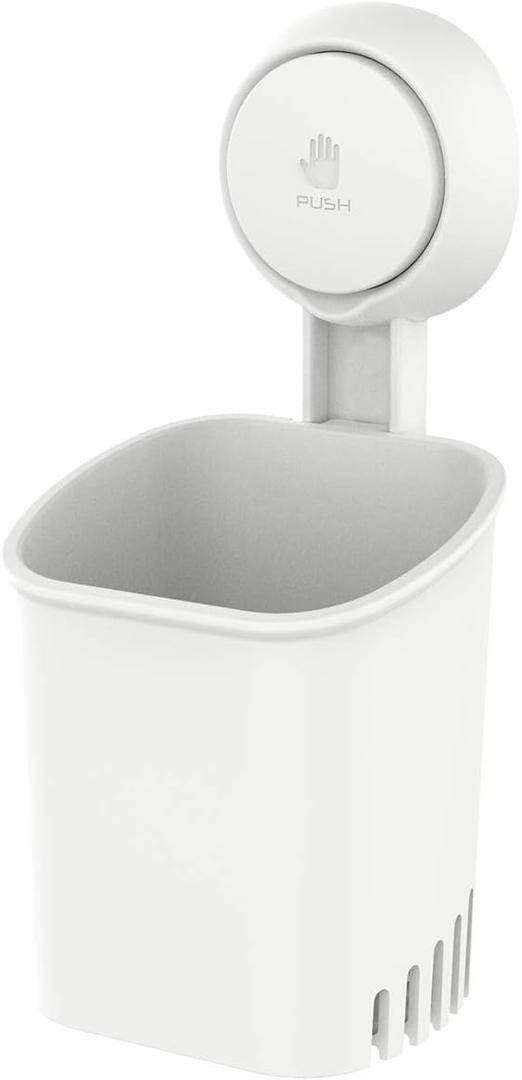 LEVERLOC Powerful Suction Cup Toothbrush Holder, Drill-Free Wall Shower Holder for Toothbrush, Toothpaste, Razor, Removable Suction Cup in Shower, Self-draining Kitchen Tableware Organizer, White