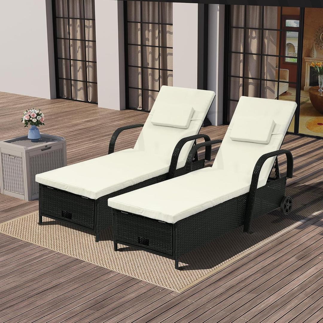 YITAHOME Chaise Lounge Chair with Storage, Wicker Patio Lounge Set of 2 with 5-Position Backrest, Rattan Pool Reclining with Headrest, Arm, Cushion, and Wheel for Poolside Balcony Garden Black and Beige 