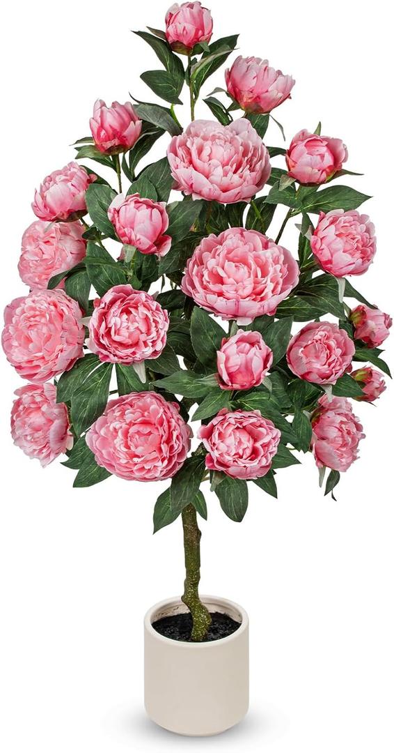 Hollyone Pink Fake Peonies Tree 4FT Peonies Artificial Flowers Tree in Pot Faux Peony Plants & Flowers in Planter Greenery Potted Plant Indoor Outdoor Front Door Porch Home Decor