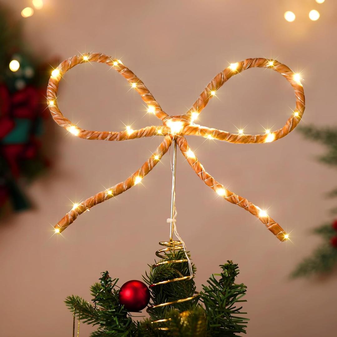 Soulchen Christmas Bow Tree Topper Decoration 9.4 x 10.4 Inches Velvet Christmas Topper Decor with LED Lights Xmas Holiday Bow Tree Top Decoration for Santa Holiday Party Supplies Gifts(Brown)