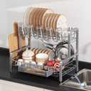 2 Tier Dish Drainers Drying Rack for Kitchen Counter Large Stainless Steel Dishes Drain with Drainboard, Space Saving, Big Modern Silver Countertop Metal Plates Dryer Strainer Holder and Extra Tray