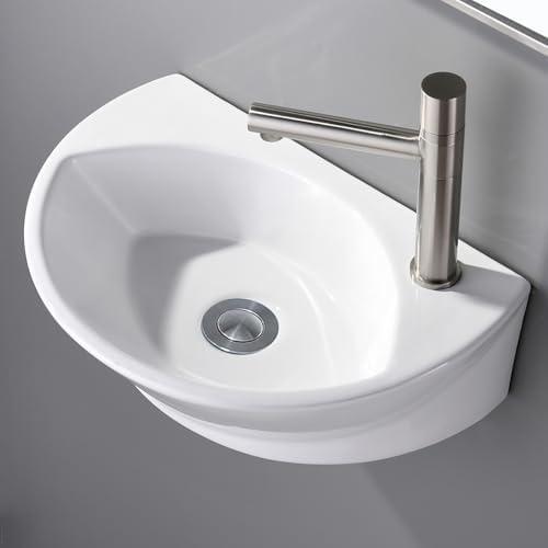VESLA HOME Small Rv Bathroom Sink, 16" x 12" Porcelain Tiny Wall Mount Sink, Mini Floating Corner Sink for Vanity Utility Half Bath Powder Room
