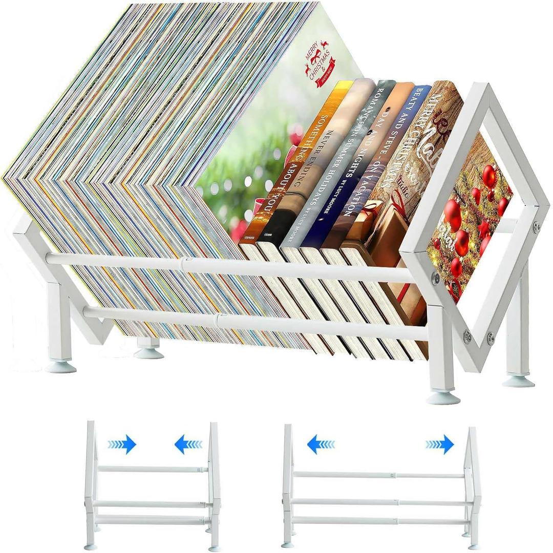 ENCIMART Tabletop Bookshelf Organizer, Adjustable Desk Shelf for Top of Desk in Living Room, Home, Office, Stainless Steel Tilting Bookcase Desktop Storage Book Rack for Magazine/CDs/Books Display (White-1)