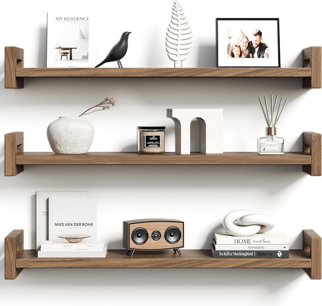 Upgraded Floating Shelves for Wall, Set of 3 Solid Wood Wall Mounted Shelves, 23.6" Rustic Walnut Display Shelf for Bedroom, Living Room, Bathroom, and Kitchen Decor - Heavy-Duty & Natural Pine
