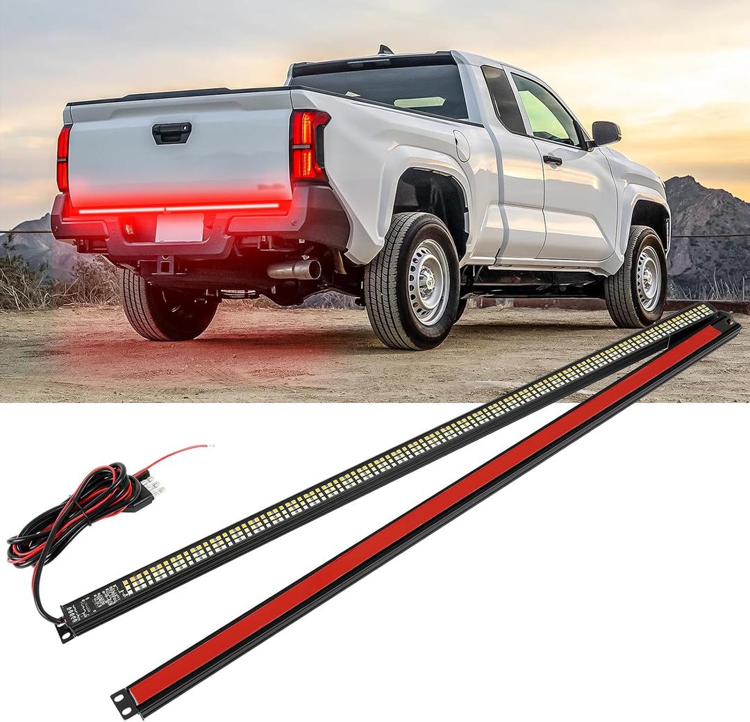 48" Tailgate Light Bar Triple Row LED Truck Tailgate Light Strip with Red Running Brake Lights White Reverse Amber Turn Signal Lights Compatible with Toyota Tacoma Ford Ranger Maverick GMC Canyon