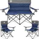 Outdoor Camping Chair Set of 3,Folding Padded Camp Chair,Collapsible Conversation Set w/1 Sofa,2 Single Chairs for Family Patio,Beach (Blue)