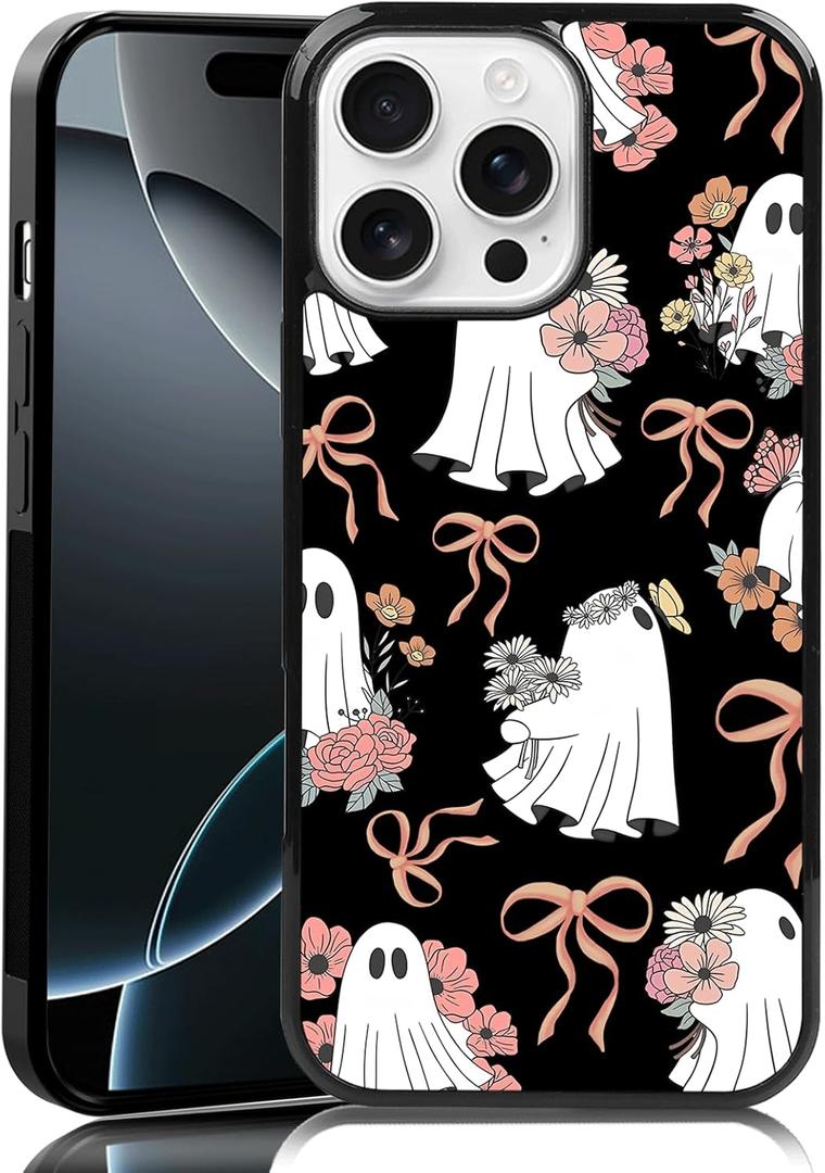 Coquette Floral Ghost Phone Case Fit for iPhone 16 Pro Max TPU Shockproof Designed Cute Bow Halloween Spooky Phone Cover Gift for Boy Girl Men Women