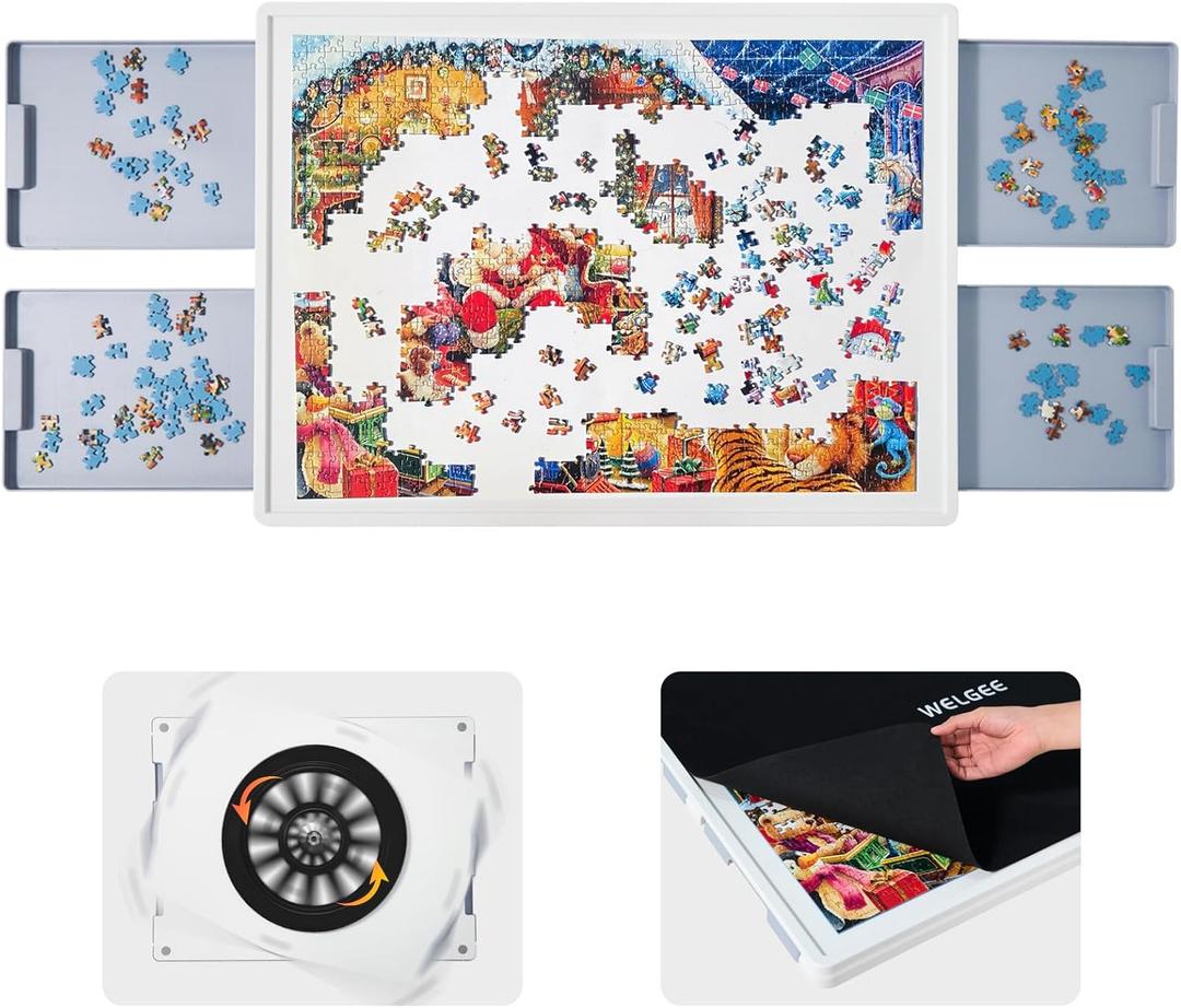 WELGEE 1000 Piece Rotating Puzzle Board with Drawers & Cover, 30"x22" Spinning Jigsaw Puzzle Table for Adults, Upgraded Lazy Susan, Lightweight ABS Plastic, Perfect for Puzzle Lovers & Moms (White - Gray Drawers)