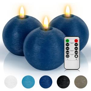 Flameless Candles with Remote, Blue Round Candles Ball LED Battery Operated Real Wax Candles Warm Light 3D Wick Flickering for Home Party Wedding Decor (Set of 3)