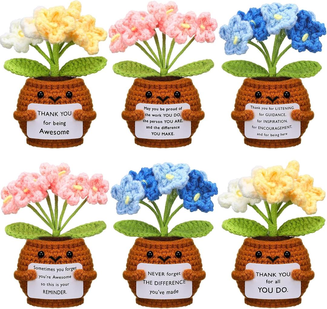 Wavwavw 6 Pcs Employee Appreciation Gifts Bulk Administrative Professionals Week Gift Thank You Volunteer Team Coworkers Staff Positive Handmade Crochet with Inspirational Card(Forget Me Not)