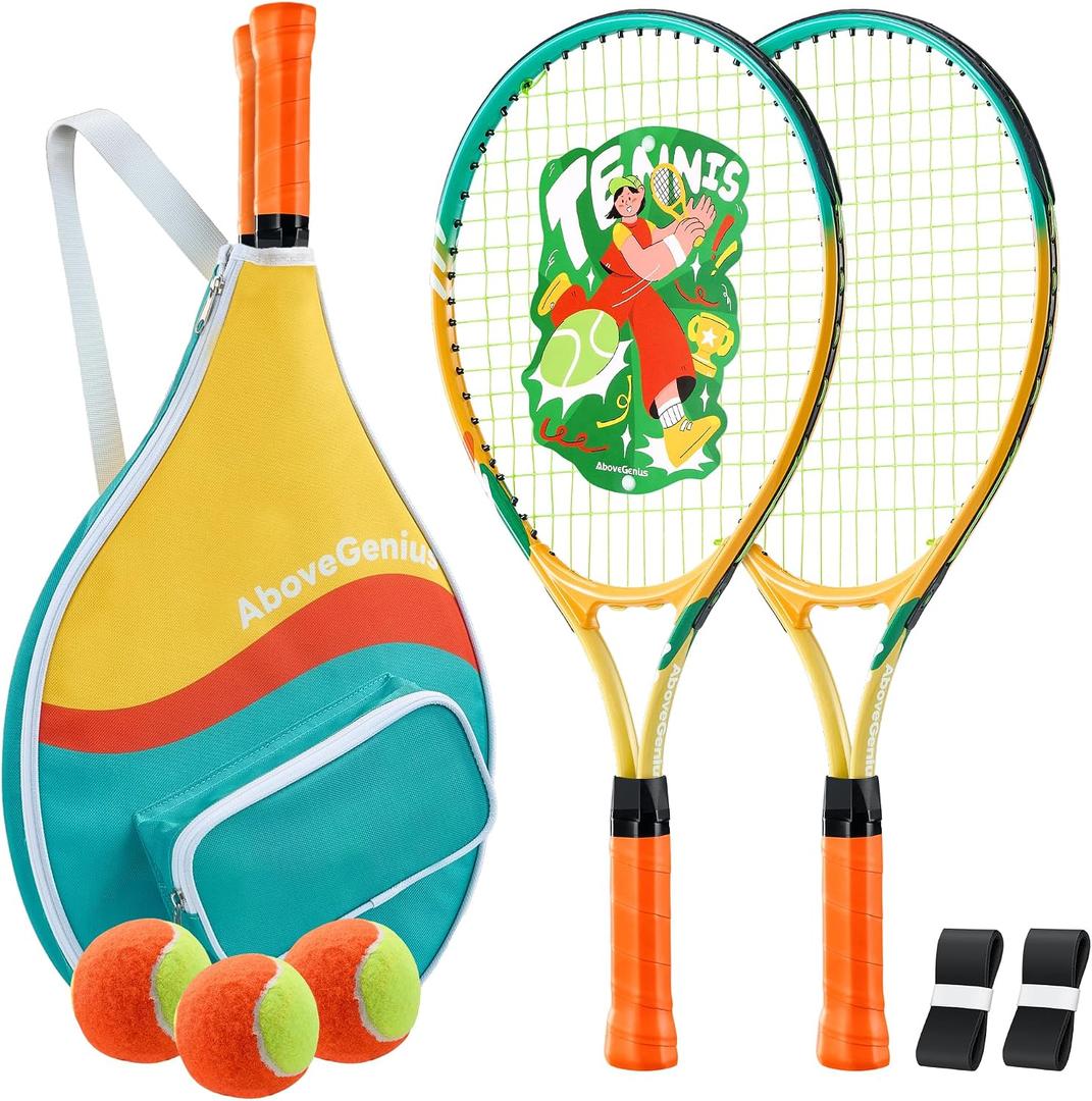 AboveGenius Kids Tennis Racket Set, 21/23/25 inch Tennis Racket for Toddler Youth Starter Kit, 3 Balls, 2 Lightweight Racquets with Easy Carrying Shoulder Strap Bag