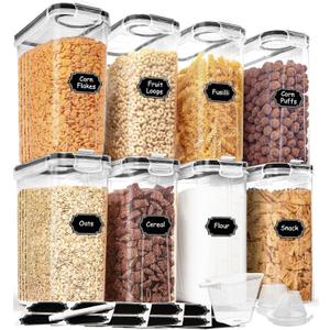 Cereal Containers Storage Set (4L / 135.2oz), 8P CS Airtight Food Storage Containers with Lids, Cereal Dispensers for Kitchen Pantry Organization and Storage with Pour Spout, 20 Labels, Marker