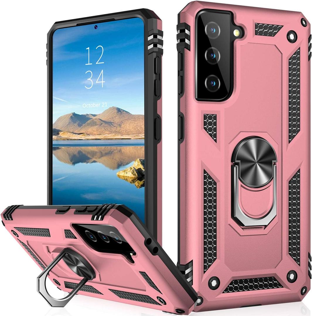 IKAZZ for Galaxy S21 Case,Military Grade Shockproof Heavy Duty Protective Phone Cover Pass 16ft Drop Test with Magnetic Kickstand Car Mount Holder Rose Gold