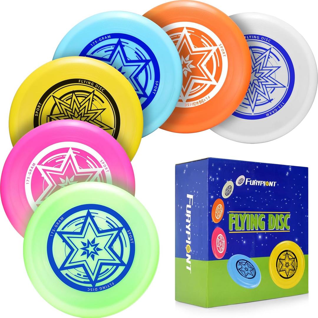 Outdoor Flying Disc 175g,Adult Sport Disc Set for Competitive and Pro Players,Flying Disc Set Includes 1 Glow in The Dark Flying Disc for Beach Pool Game, Camping and Backyard (6 Color Set)