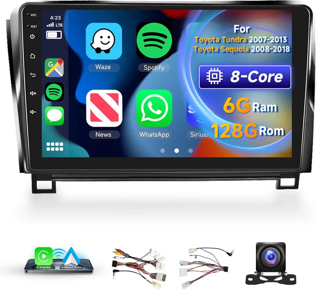 [8 CORE 6G+128G]Upgraded Android 13 for Toyota Tundra 2007-2013 for Toyota Sequoia 2008-2018 Car Radio with Wireless Carplay, 10.1 Inch Touch Screen with Bluetooth, GPS Navi, WiFi, DSP+ Backup Camera