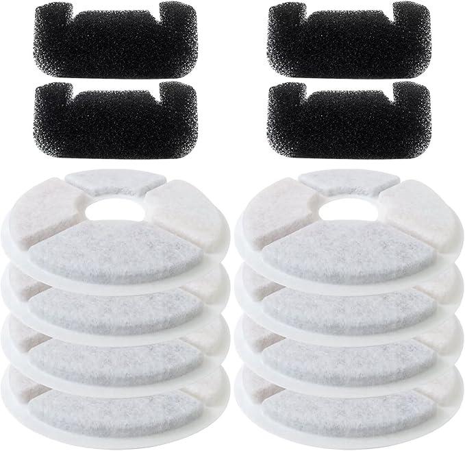Cat/Pet Water Fountain Filters, 12 Pieces Set Pack of 8 Replacement Filter Fit for 81oz/2.4L, 3 Filtration System with 4 PreFilter Sponges
