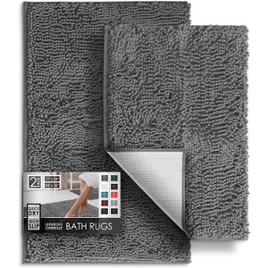 Hearth & Harbor Bathroom Rug Set, 2 Piece Chenille - Grey, Quick Dry, Non-Slip, Machine Washable - Bath Mat Size 17x24, 20x32 inches