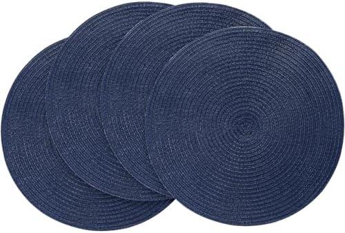 Floroom 15 Inch Round Braided Placemats Set of 4, Washable Heat Resistant Cotton Polyester Circle Place Mats for Kitchen Dining Table - Navy Blue