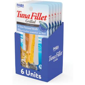 INABA Grilled Fillets Cat Treats, Tuna in Tuna Broth, 6ct | Hand-cut grilled tuna, Broth-packed, Vacuum packed, 71% moisture, Immune support, Grain-free, 6 x 0.52 oz fillets (EXP 01/22/28)