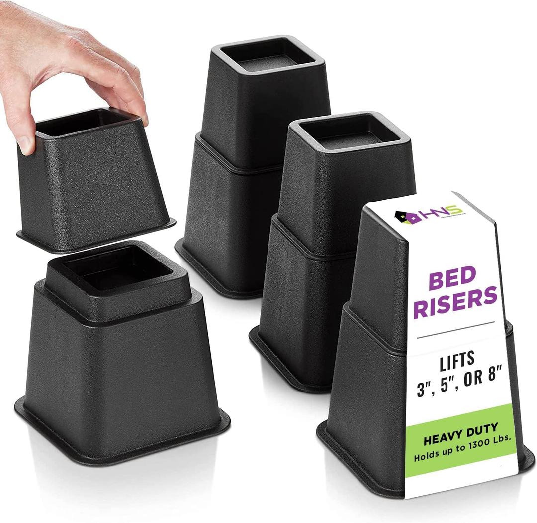 HOLDN STORAGE Adjustable Bed Risers and Furniture Risers-Stackable Bed Lift 3, 5, or 8 Inch-Set of 4 Bed Risers-Heavy Duty-Perfect for College Dorms- Supports up to 1,300 lbsFits Legs up to 2.75 W